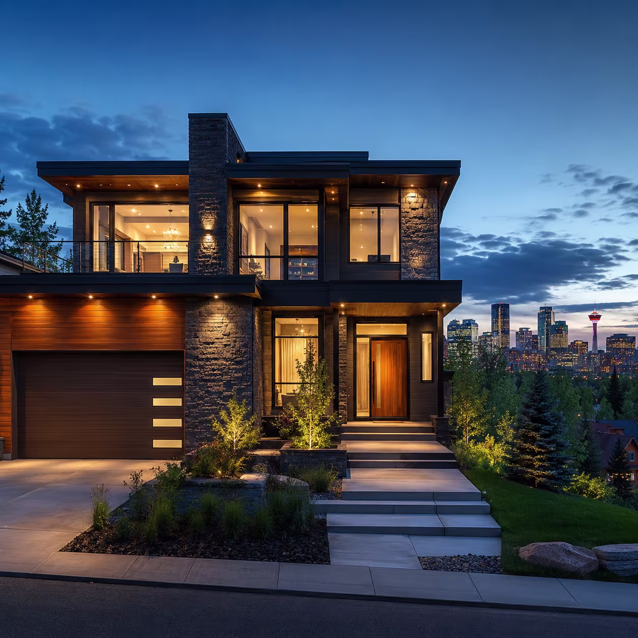 Luxury modern Calgary home overlooking the city skyline at dusk